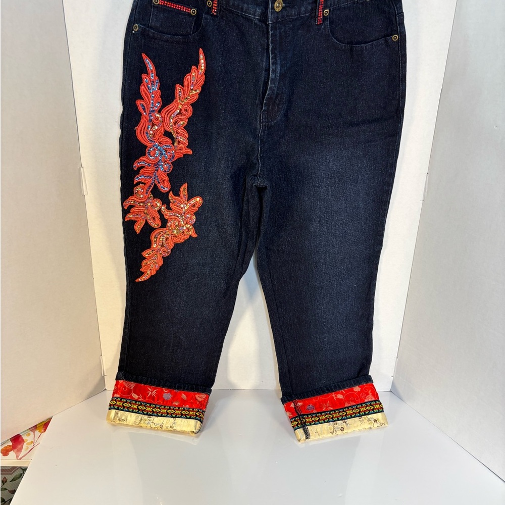 DIANE GILMAN -Dg2- Embroidered & Sequined Blue Crop Jeans with satin hem cuffs.